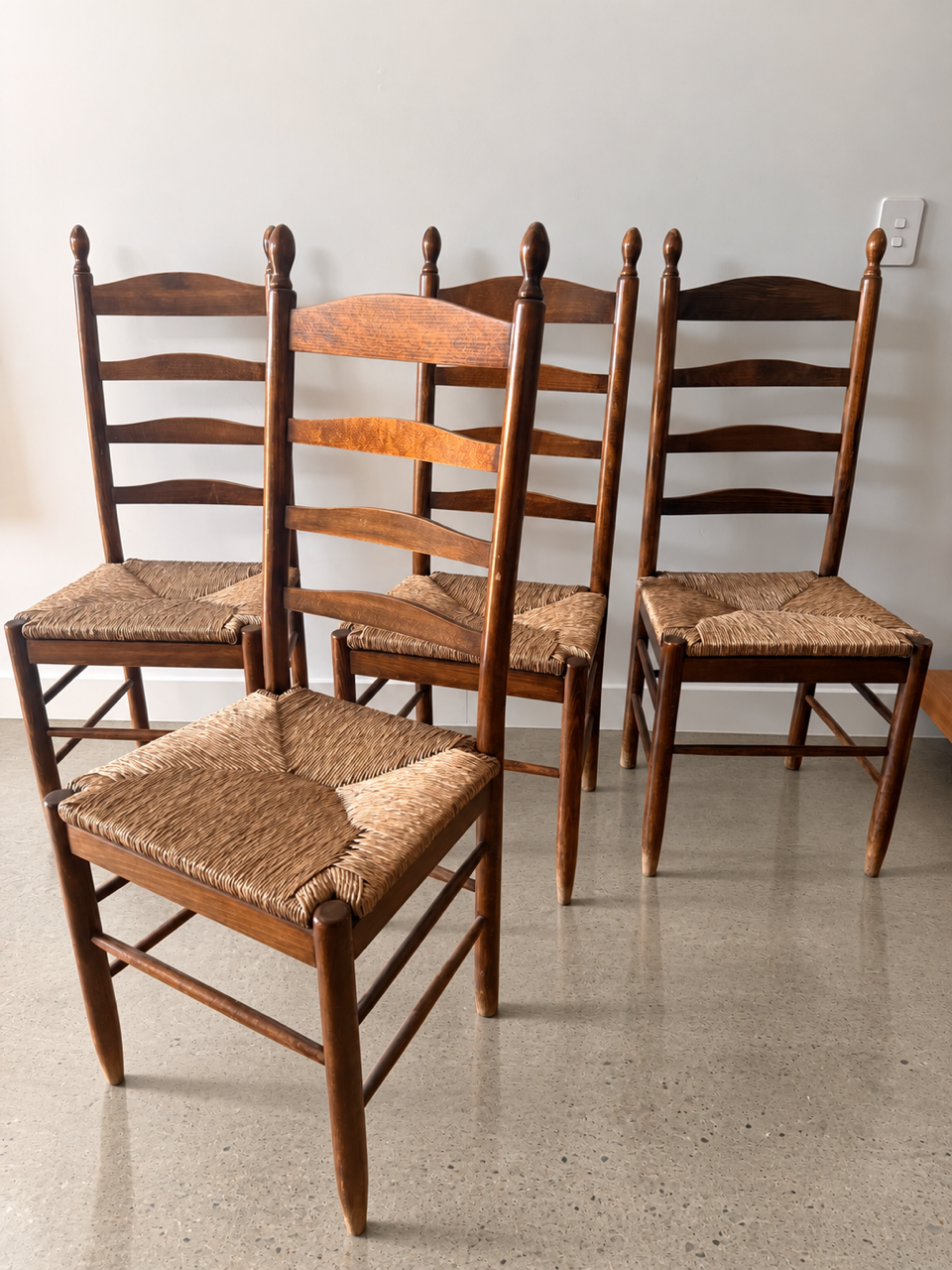 Set of Five Vintage Timber Ladder Back Dining Chairs with Rush Seats
