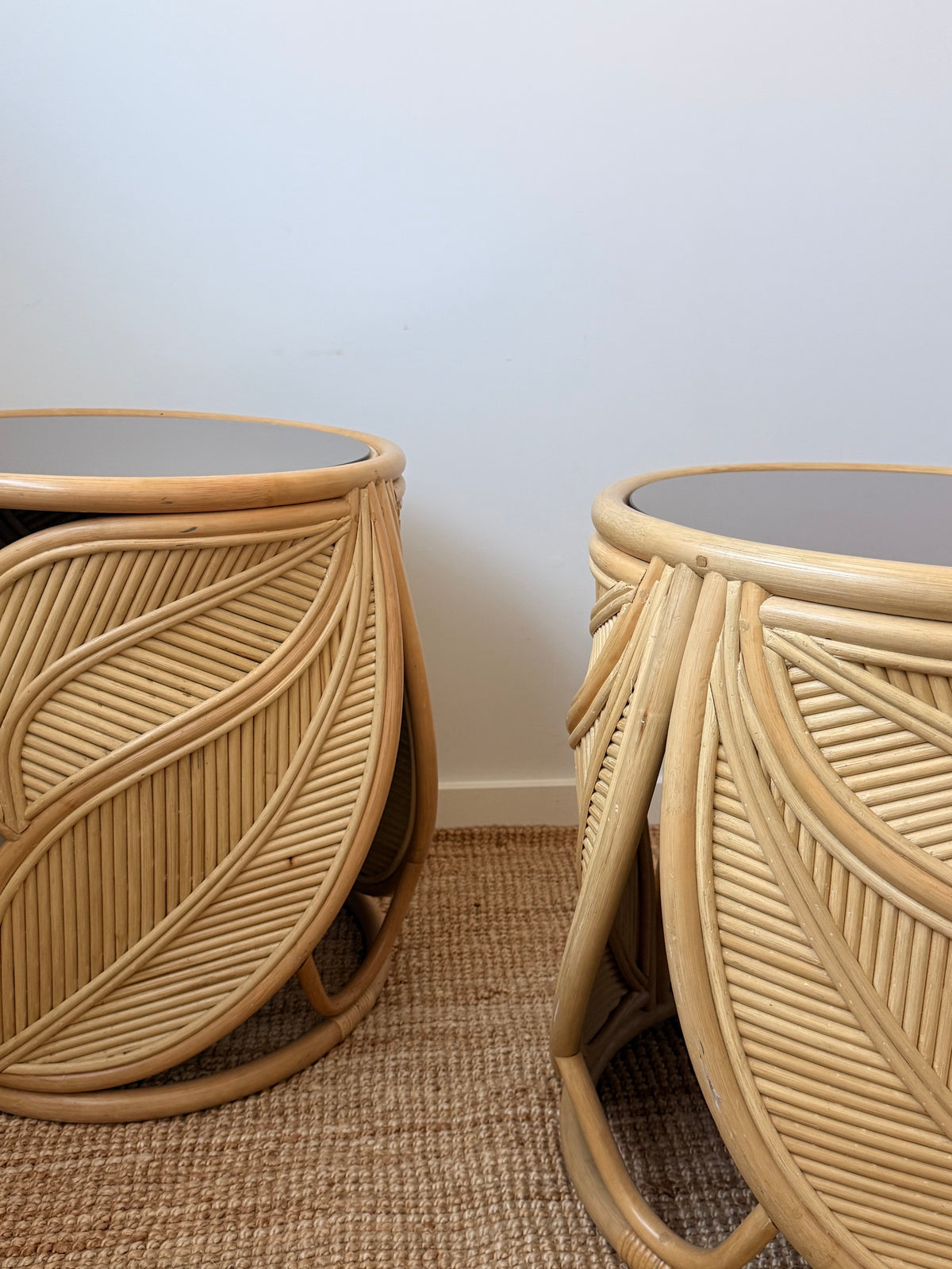 Extra Large Vintage Rattan Palm Side Tables - Two Available