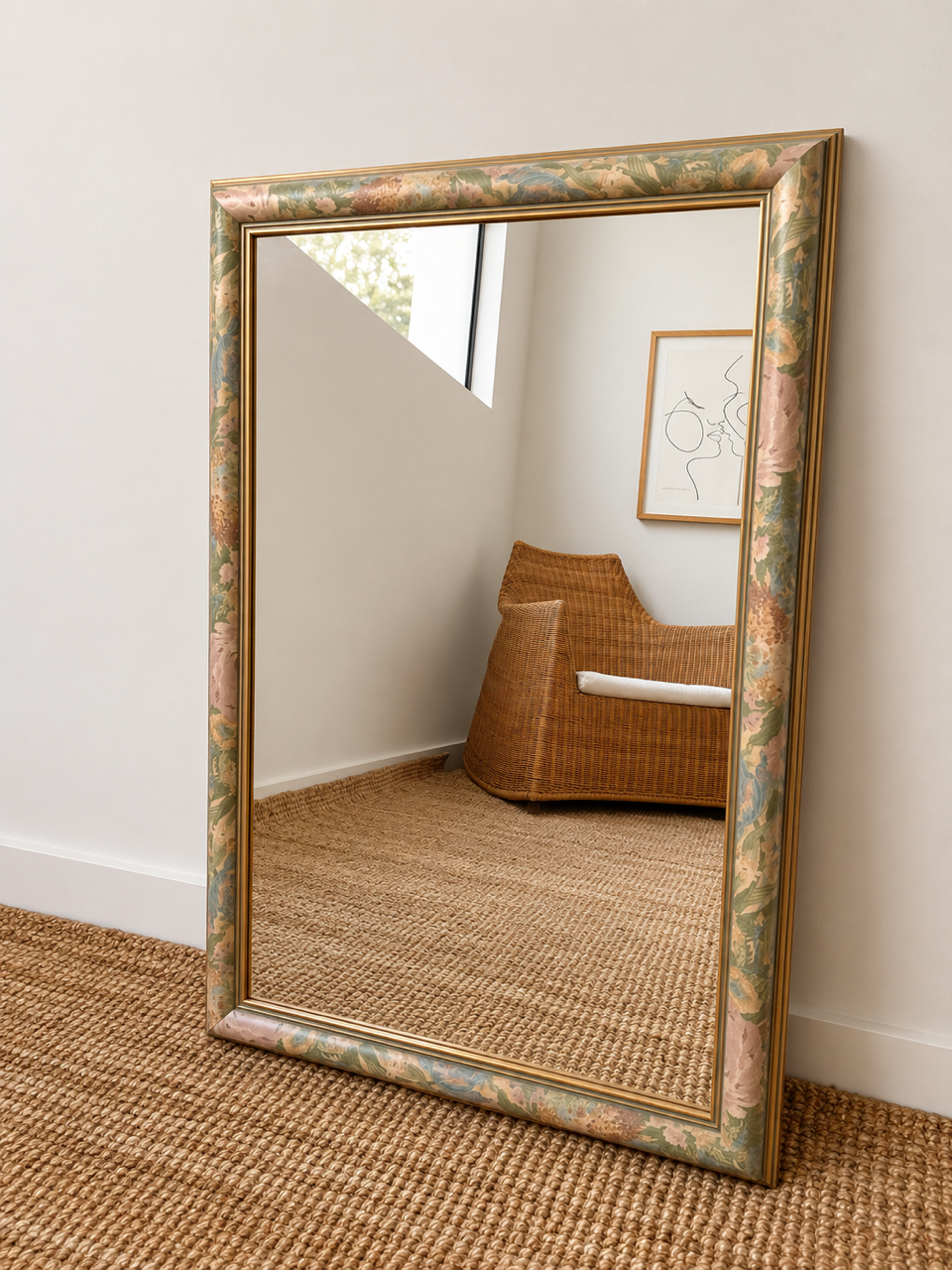 Vintage Floral Framed Mirror with Gold Tone Trim