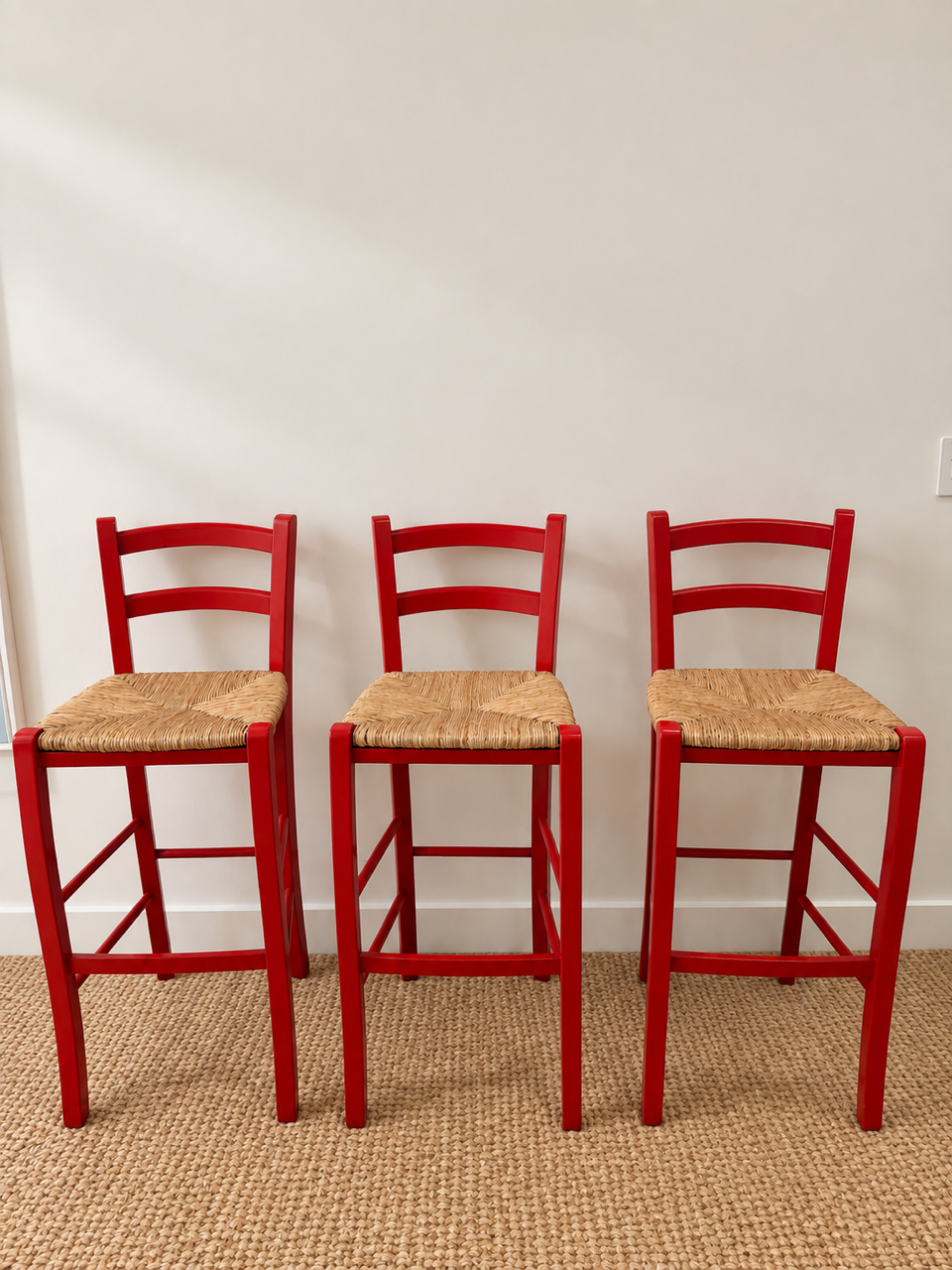 Set of 3 Vintage Italian Red Rush Seat Bar Stools