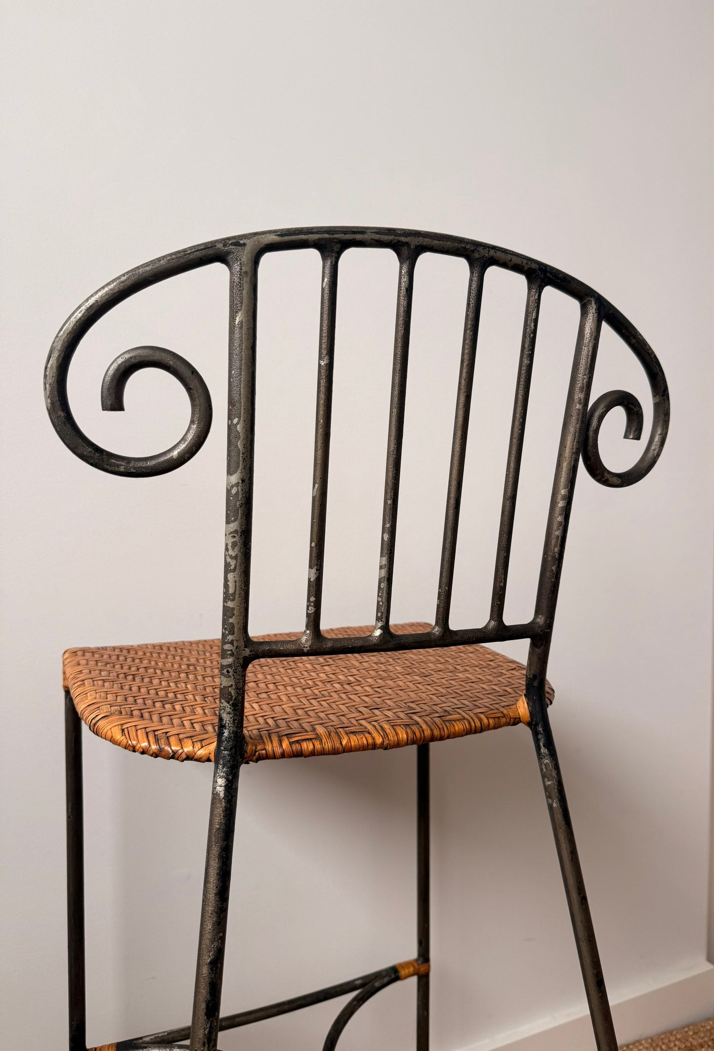 Pair of Vintage Wrought Iron Scroll Back Bar Stools