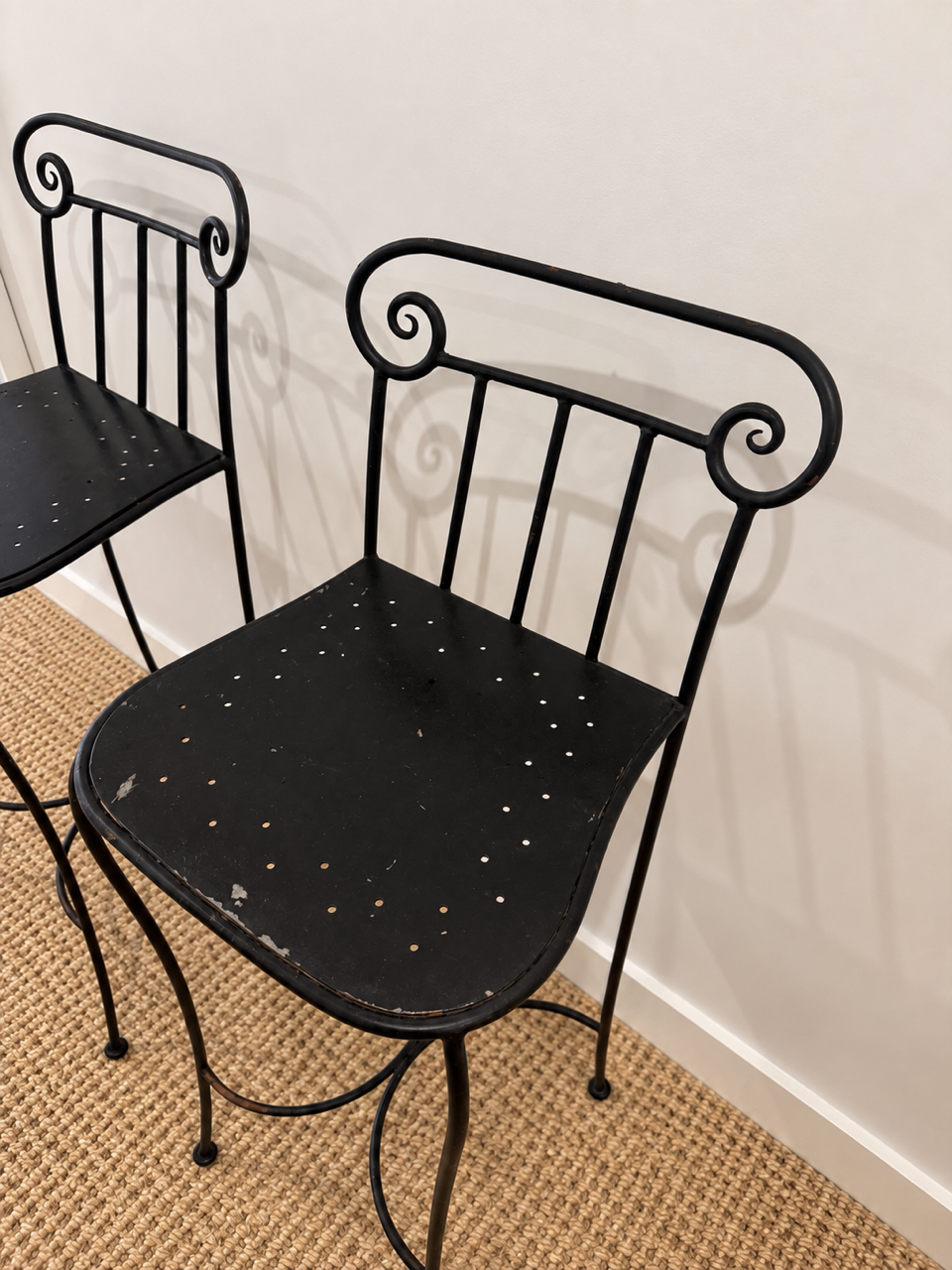 Pair of Vintage Black Metal Scroll Back Bar Stools