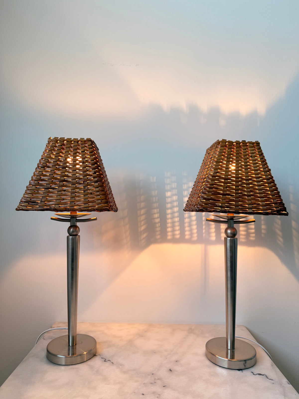 Pair of Vintage Chrome & Rattan Table Lamps