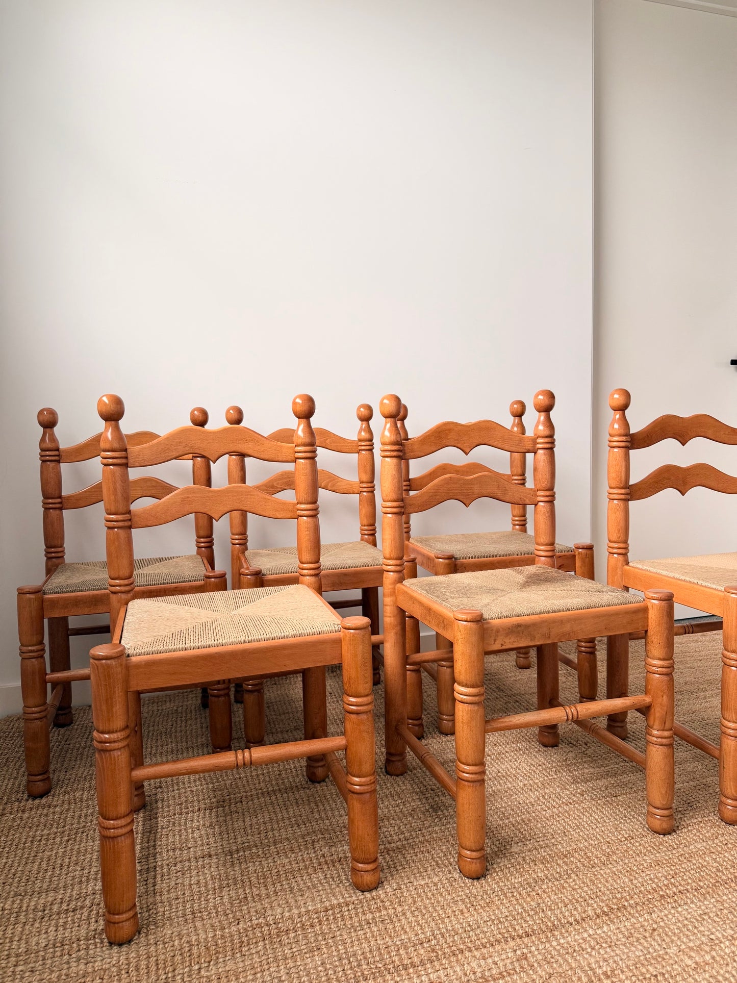 Set of Six Vintage Timber Rush Ladderback Dining Chairs