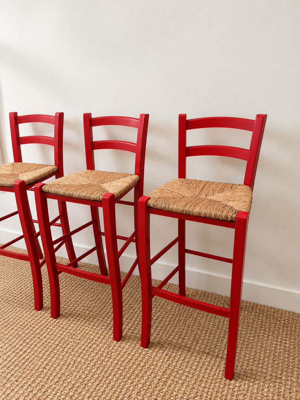 Set of 3 Vintage Italian Red Rush Seat Bar Stools