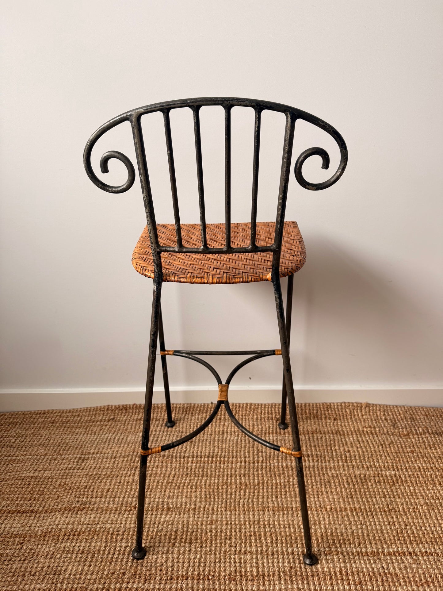 Pair of Vintage Wrought Iron Scroll Back Bar Stools