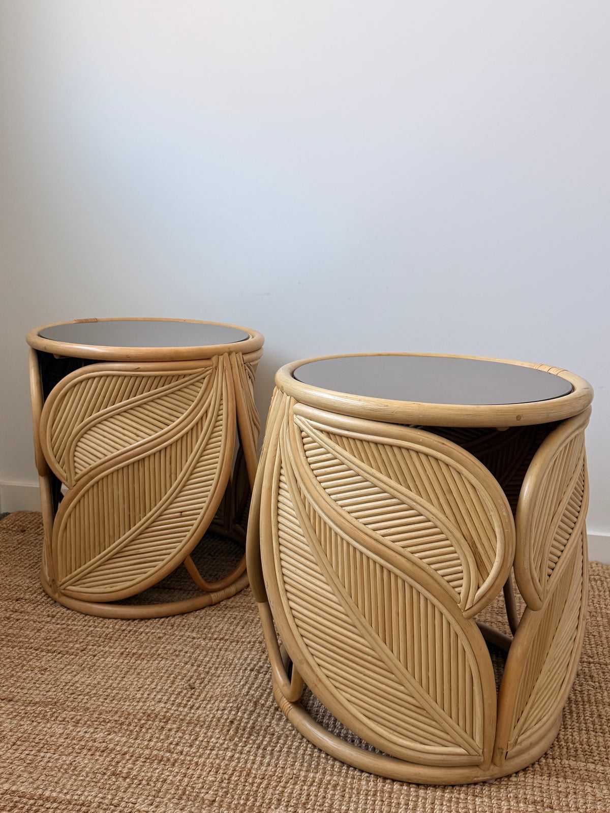 Extra Large Vintage Rattan Palm Side Tables - Two Available
