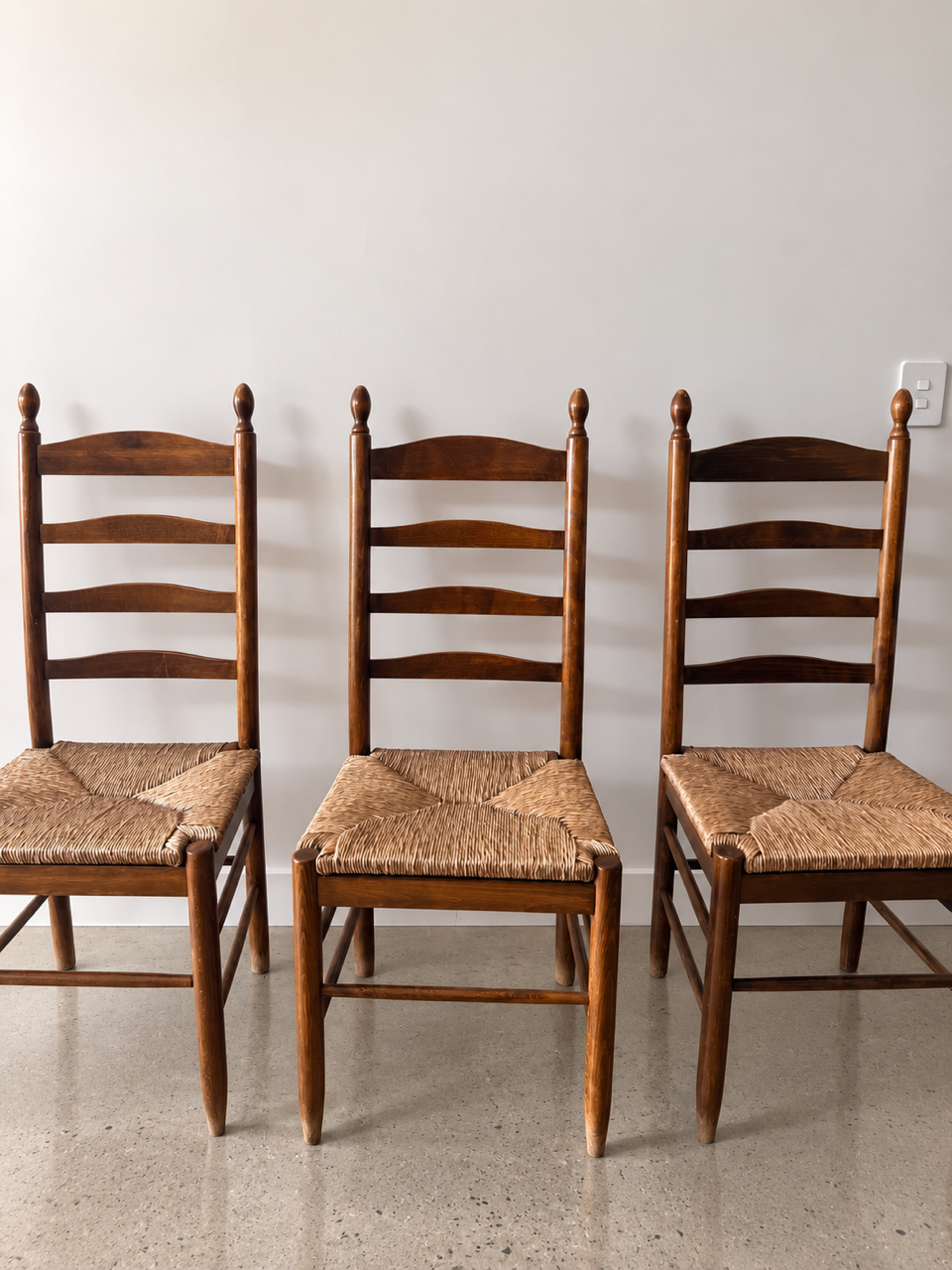 Set of Five Vintage Timber Ladder Back Dining Chairs with Rush Seats