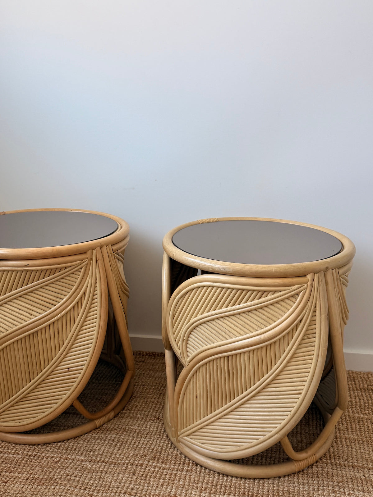 Extra Large Vintage Rattan Palm Side Tables - Two Available