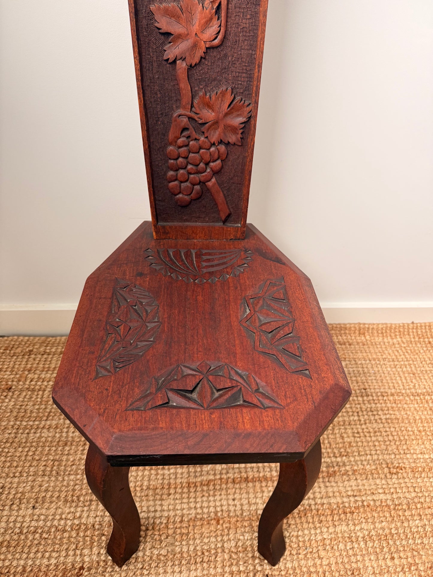 Antique Carved Oak Spinning Chair with Grapevine Detail