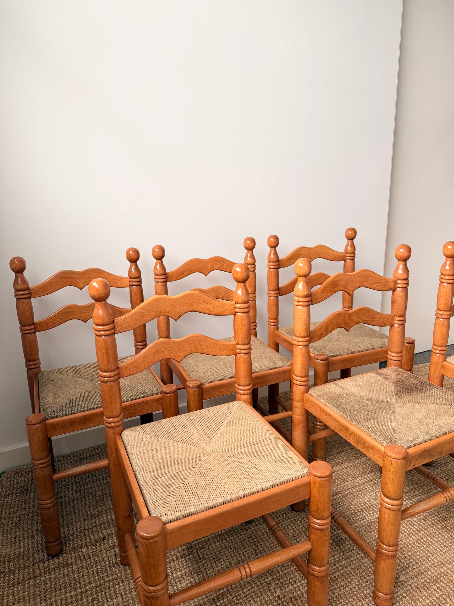 Set of Six Vintage Timber Rush Ladderback Dining Chairs