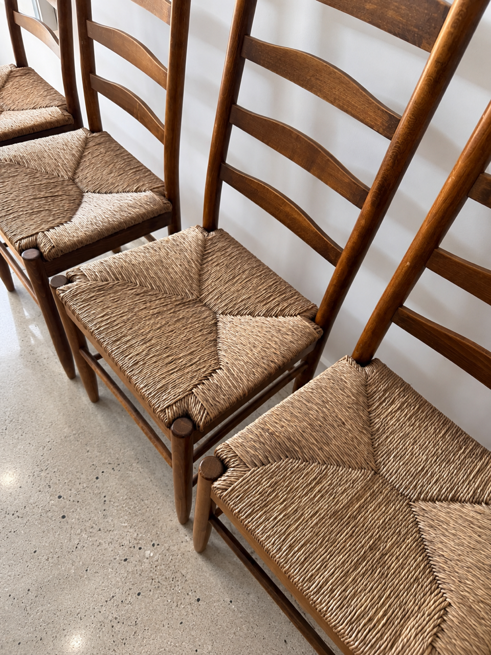 Set of Five Vintage Timber Ladder Back Dining Chairs with Rush Seats