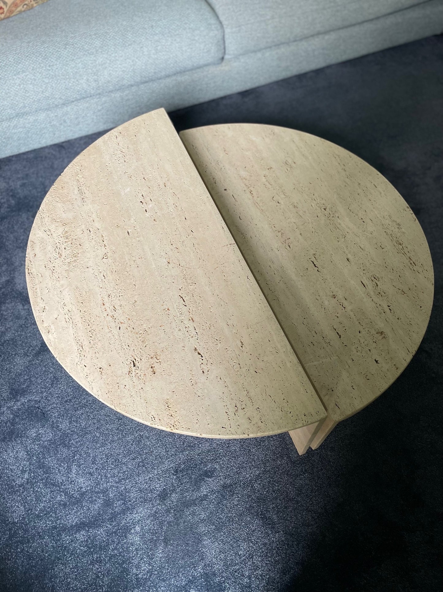 Split Level Half Moon Travertine Table