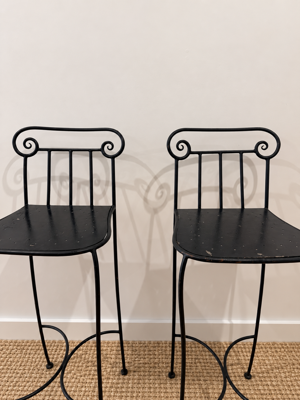 Pair of Vintage Black Metal Scroll Back Bar Stools