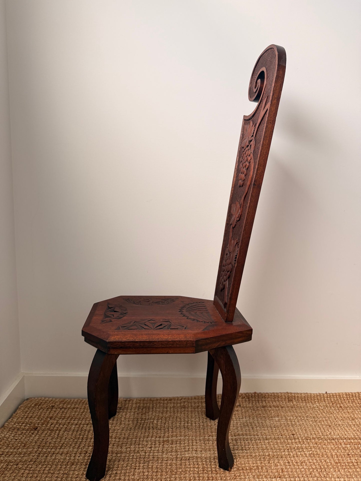 Antique Carved Oak Spinning Chair with Grapevine Detail