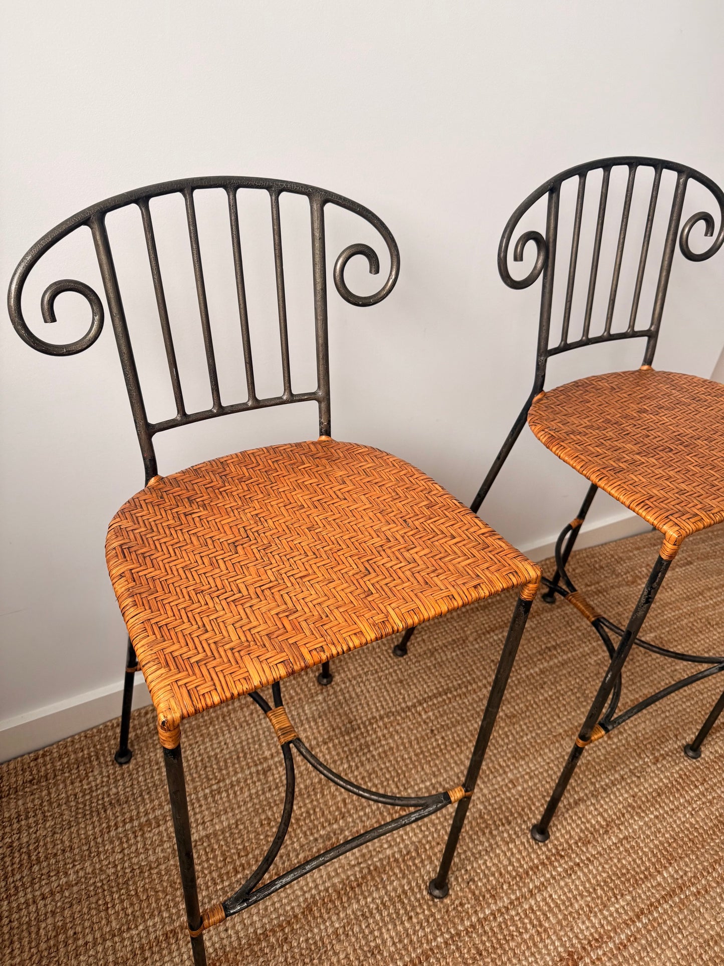 Pair of Vintage Wrought Iron Scroll Back Bar Stools