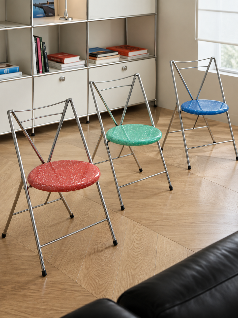 Set of 8 Vintage Chrome Dining Chairs with Terrazzo-Style Seats