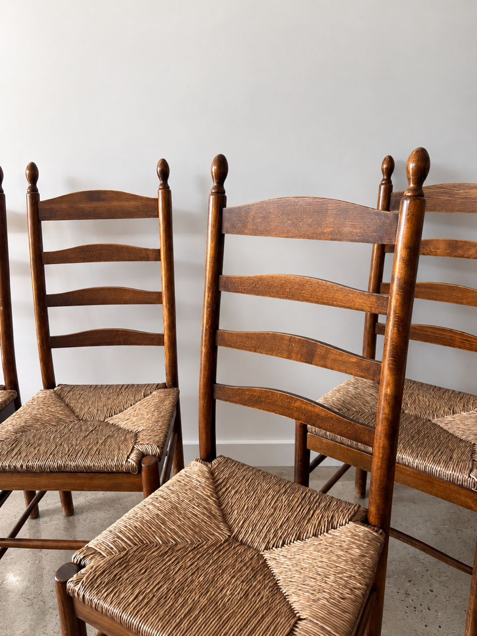 Set of Five Vintage Timber Ladder Back Dining Chairs with Rush Seats