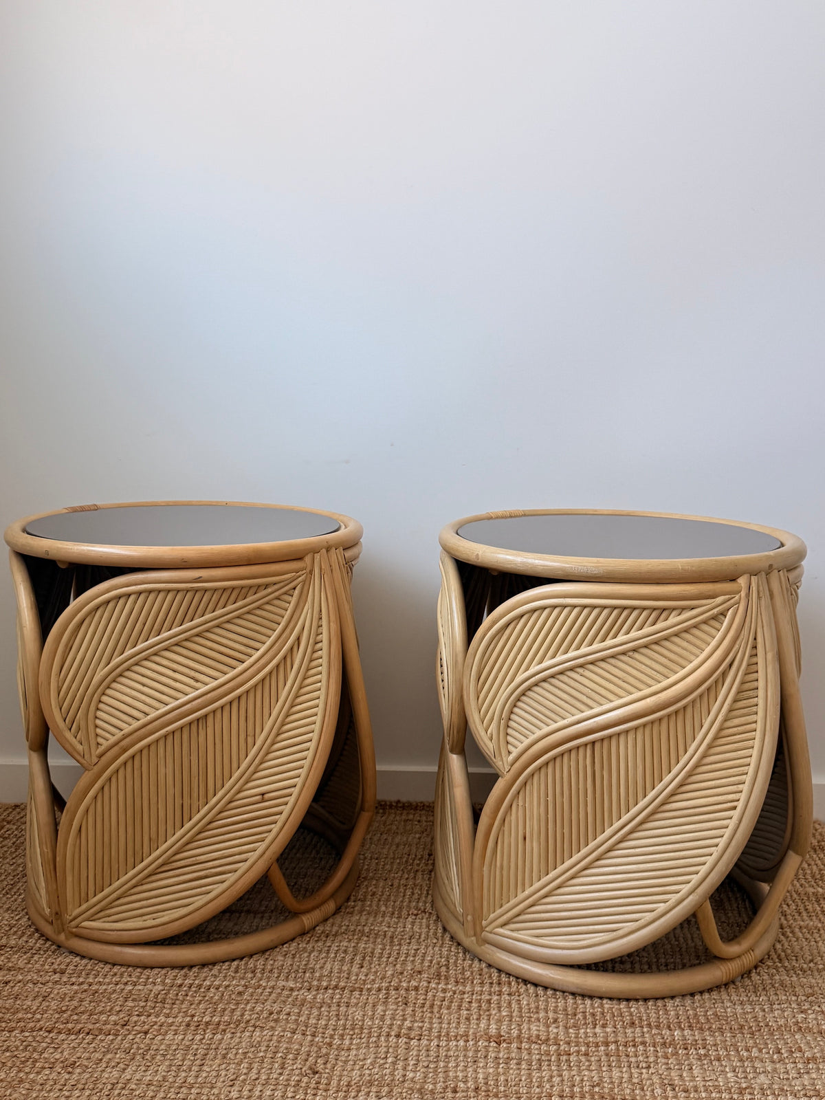 Extra Large Vintage Rattan Palm Side Tables - Two Available