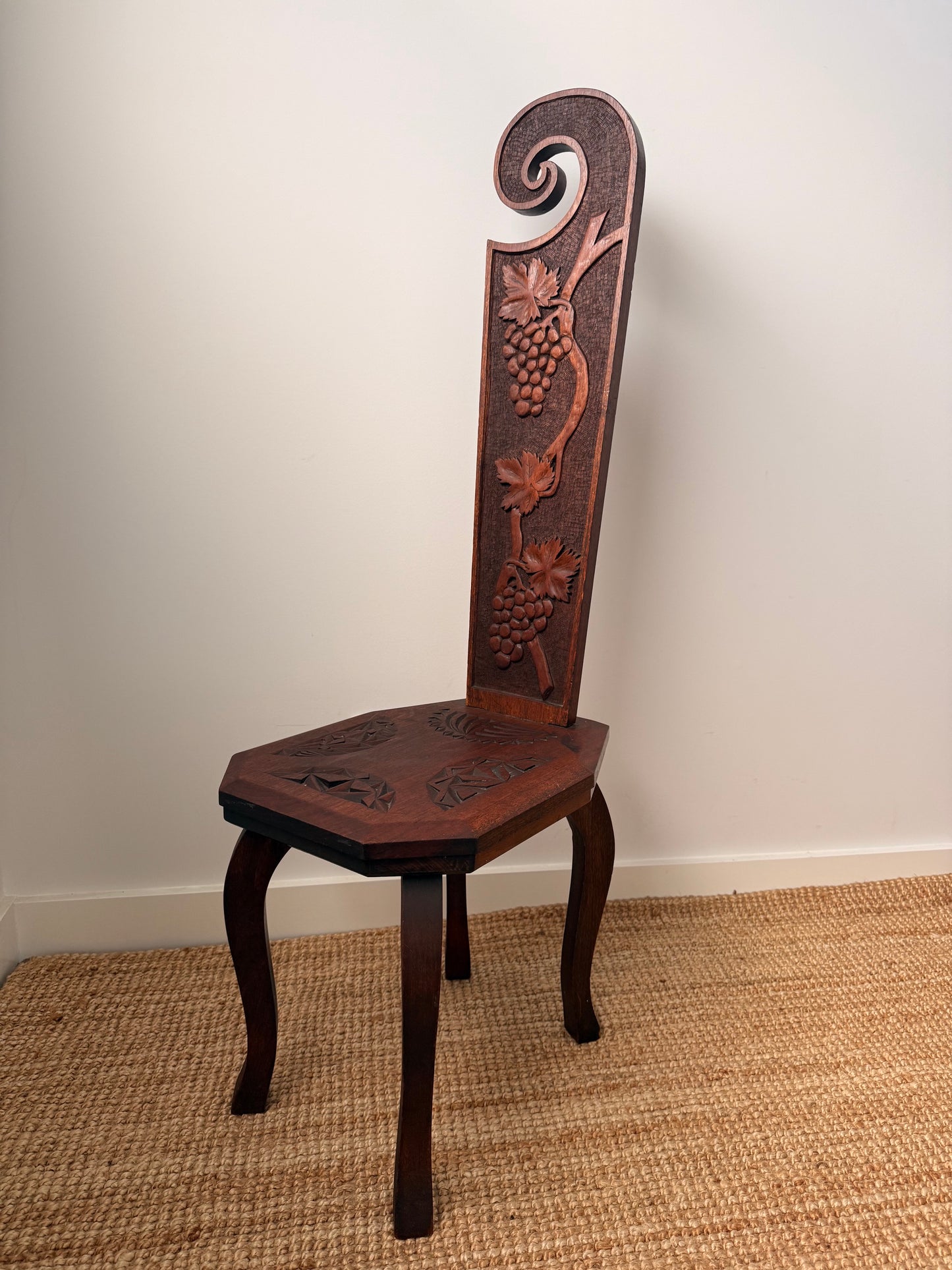 Antique Carved Oak Spinning Chair with Grapevine Detail