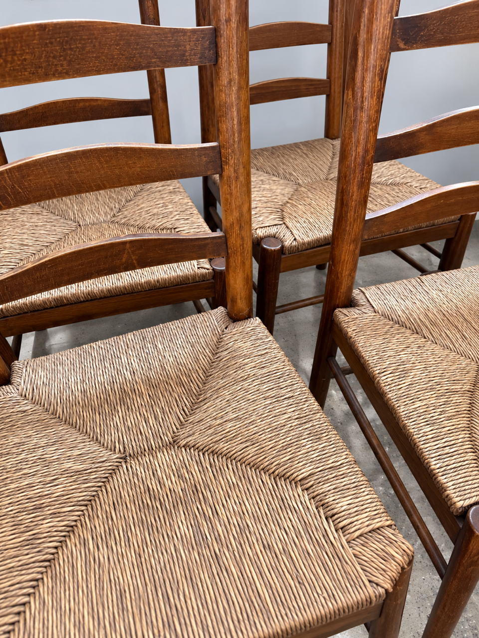 Set of Five Vintage Timber Ladder Back Dining Chairs with Rush Seats