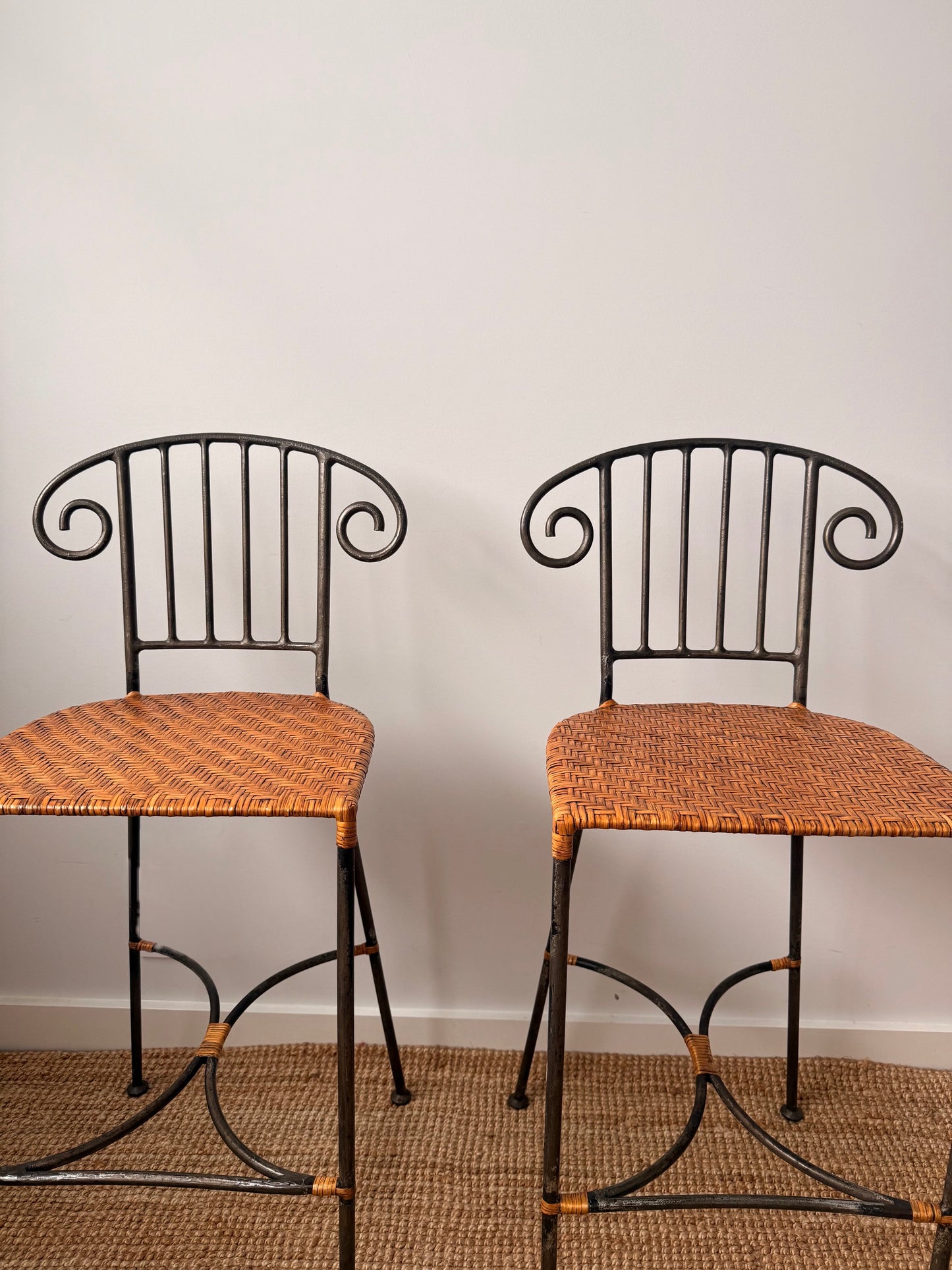 Pair of Vintage Wrought Iron Scroll Back Bar Stools
