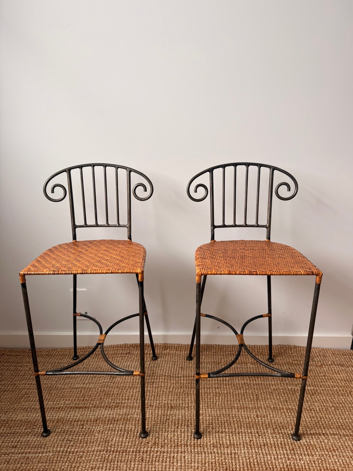 Pair of Vintage Wrought Iron Scroll Back Bar Stools