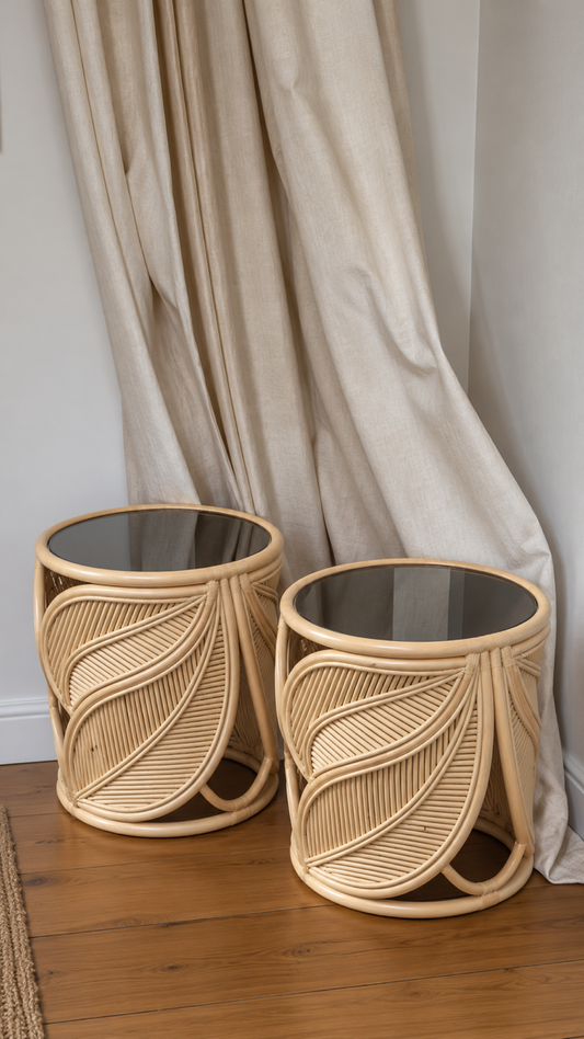 Extra Large Vintage Rattan Palm Side Tables - Two Available