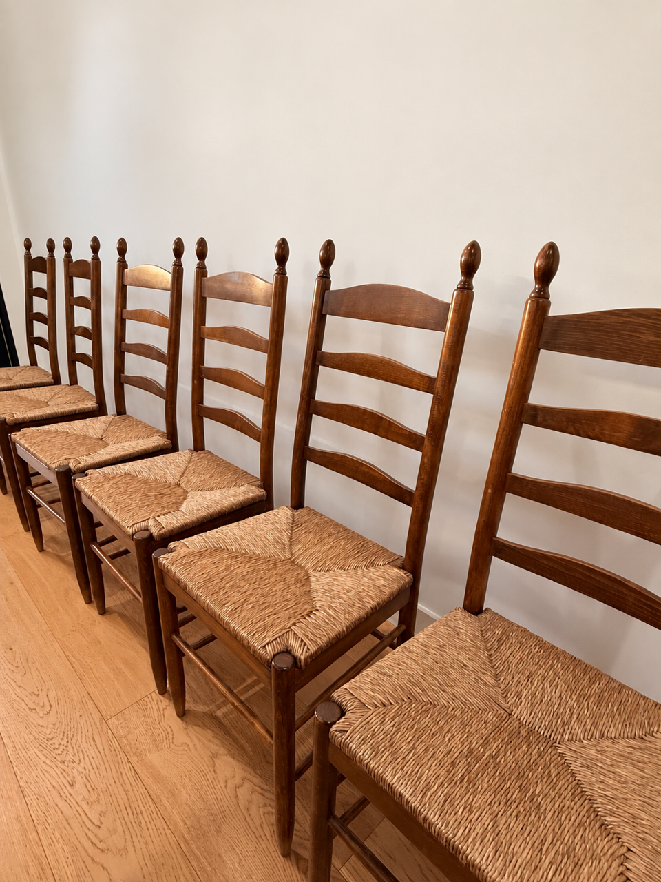 Set of Five Vintage Timber Ladder Back Dining Chairs with Rush Seats