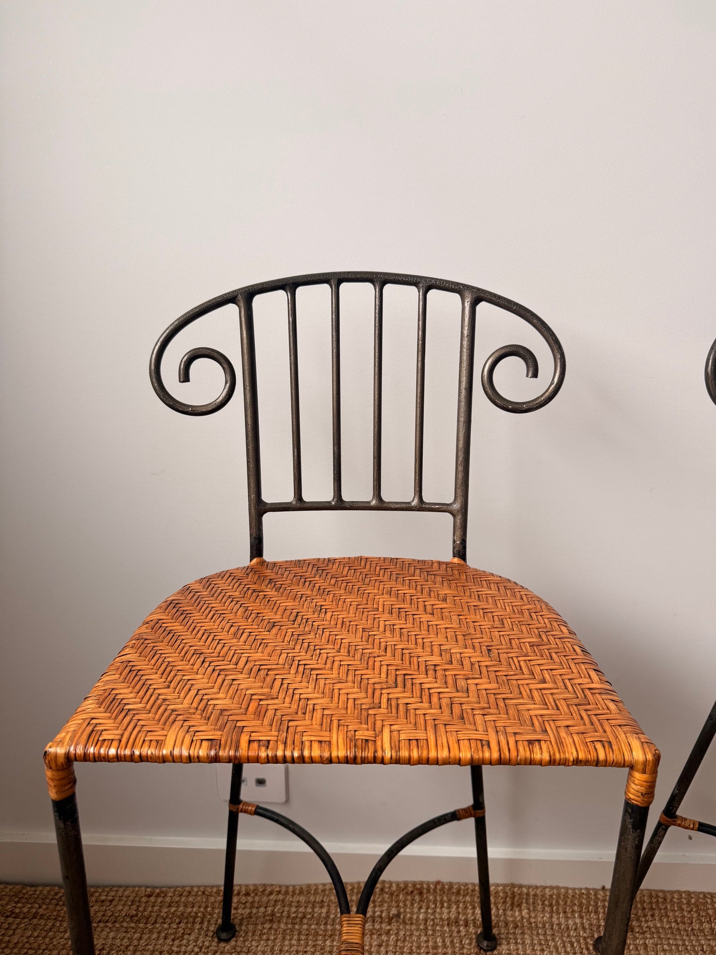 Pair of Vintage Wrought Iron Scroll Back Bar Stools