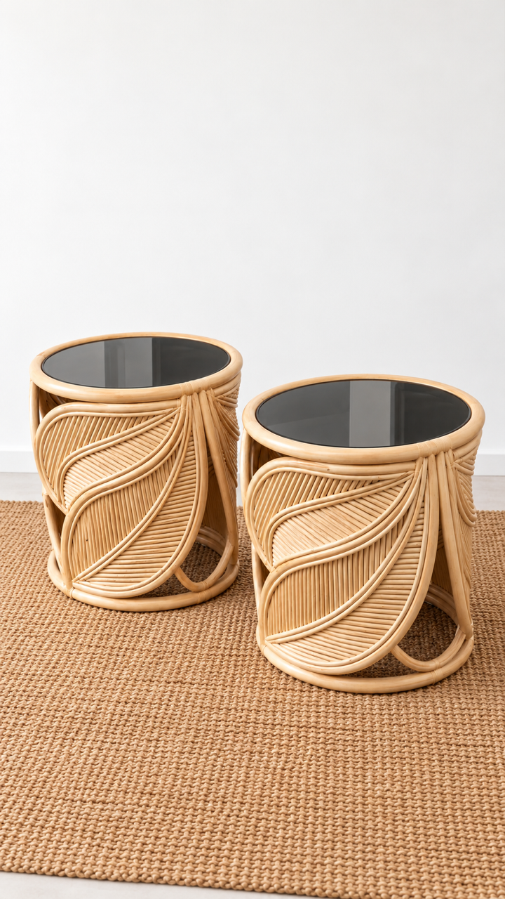 Extra Large Vintage Rattan Palm Side Tables - Two Available