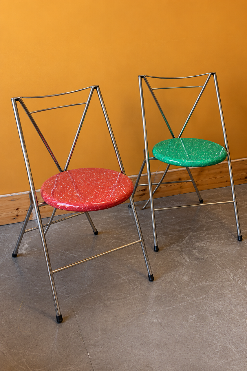 Set of 8 Vintage Chrome Dining Chairs with Terrazzo-Style Seats