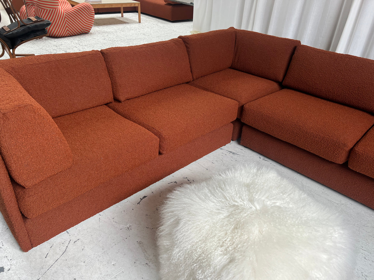 - Restored Bespoke Rust Boucle Modular Sofa and Armchair Set