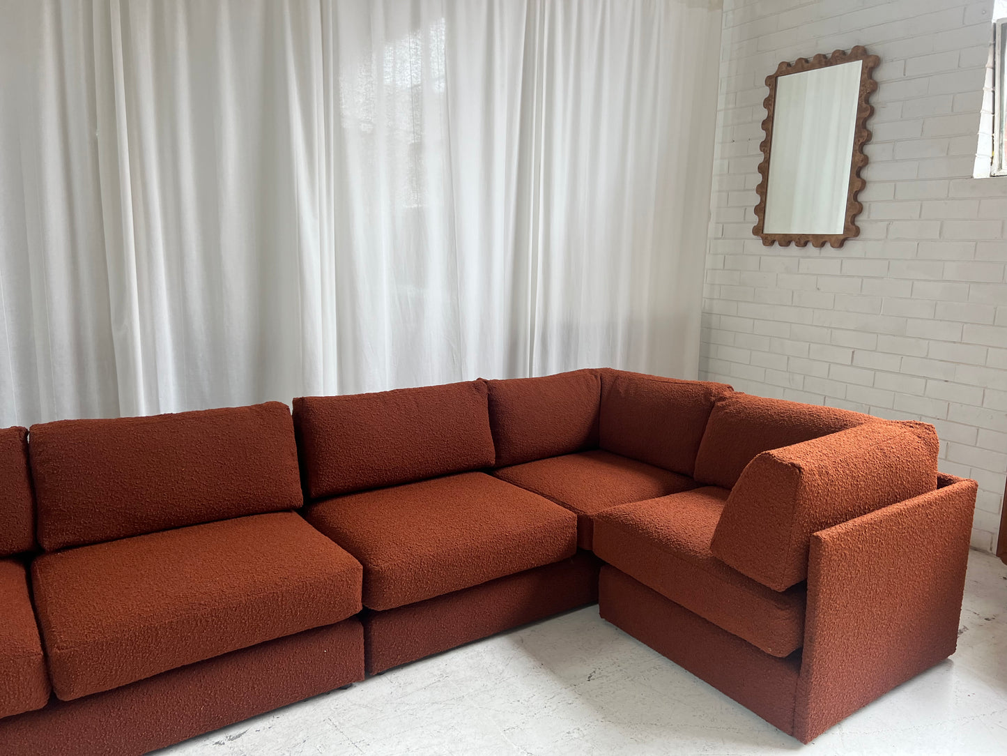 - Restored Bespoke Rust Boucle Modular Sofa and Armchair Set