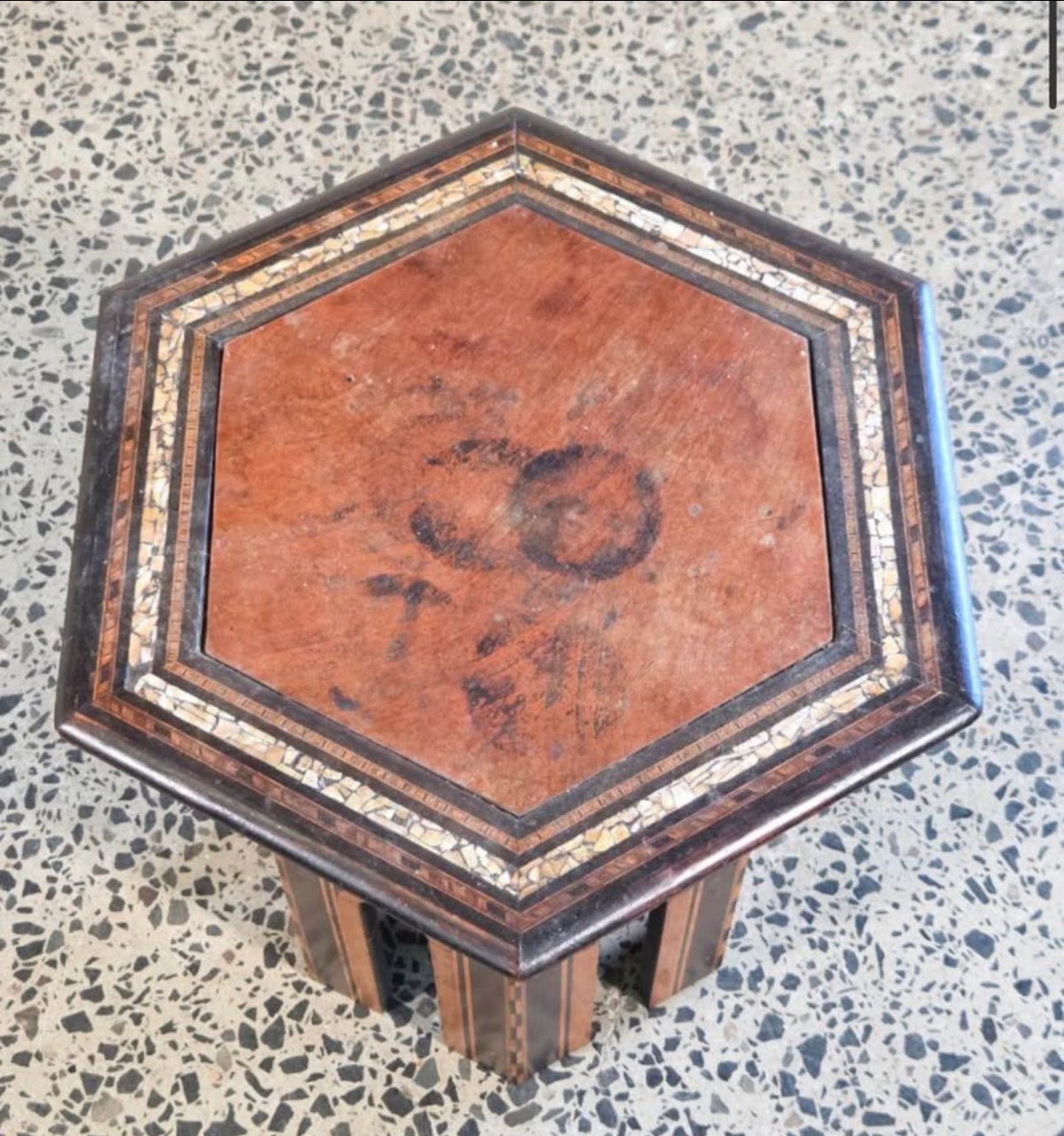 Vintage Damascene Style Hexagonal Side Table with Mother of Pearl Inlay