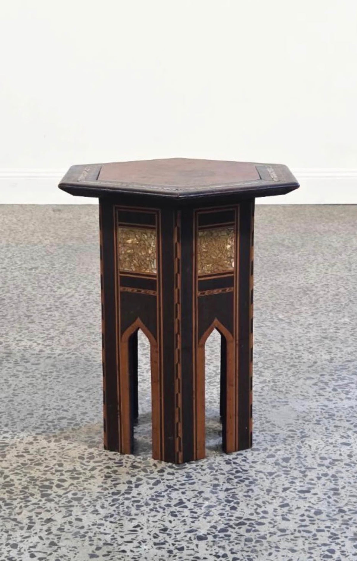 Vintage Damascene Style Hexagonal Side Table with Mother of Pearl Inlay