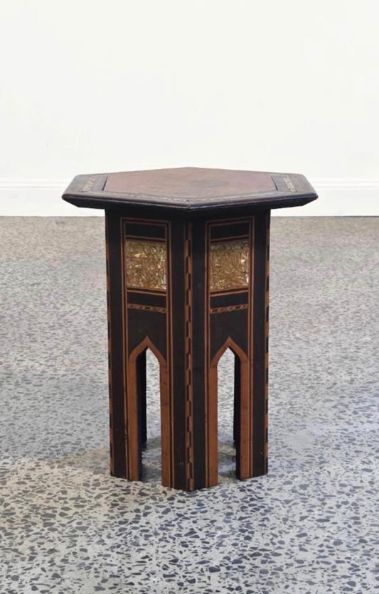 Vintage Damascene Style Hexagonal Side Table with Mother of Pearl Inlay