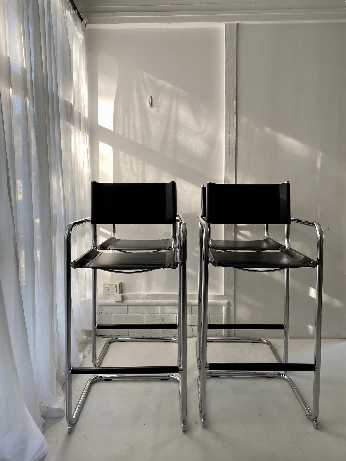 - Set of Two Italian Mart Stam Cantilever Chrome Leather Bar Stools