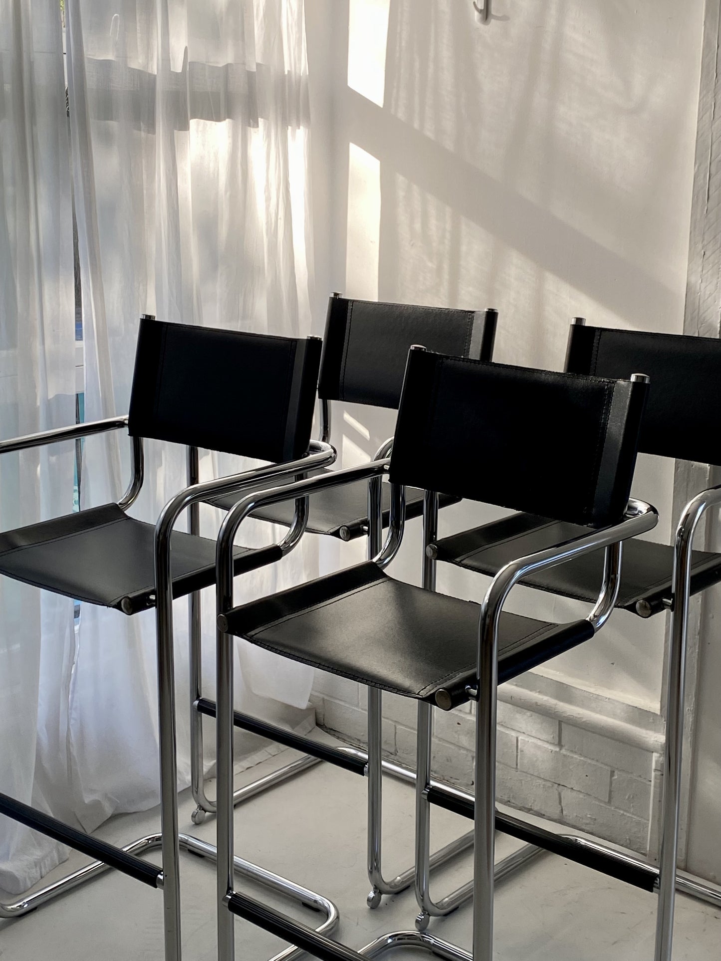 - Set of Two Italian Mart Stam Cantilever Chrome Leather Bar Stools