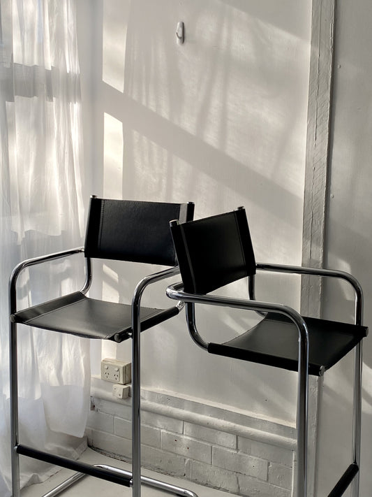 - Set of Two Italian Mart Stam Cantilever Chrome Leather Bar Stools