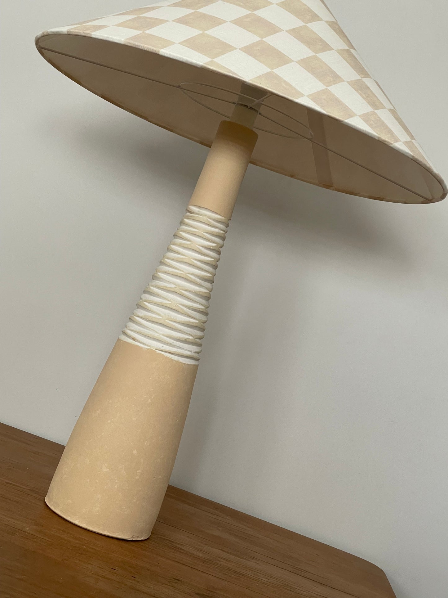 - Tall Ceramic Lamp with Oat Studio Capital Checks Fabric Shade