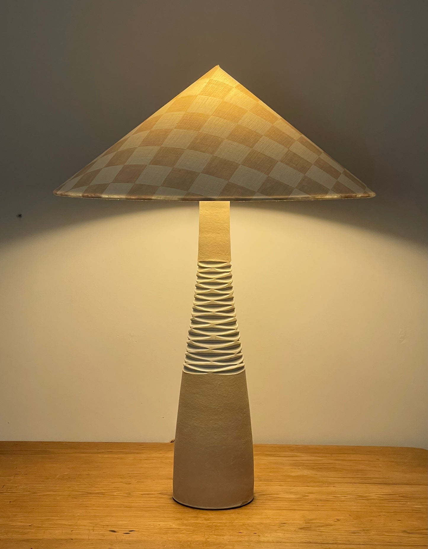 - Tall Ceramic Lamp with Oat Studio Capital Checks Fabric Shade