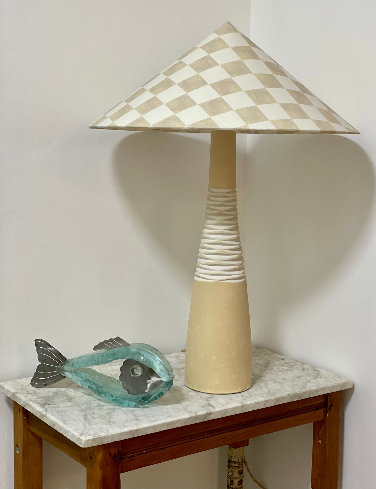- Tall Ceramic Lamp with Oat Studio Capital Checks Fabric Shade