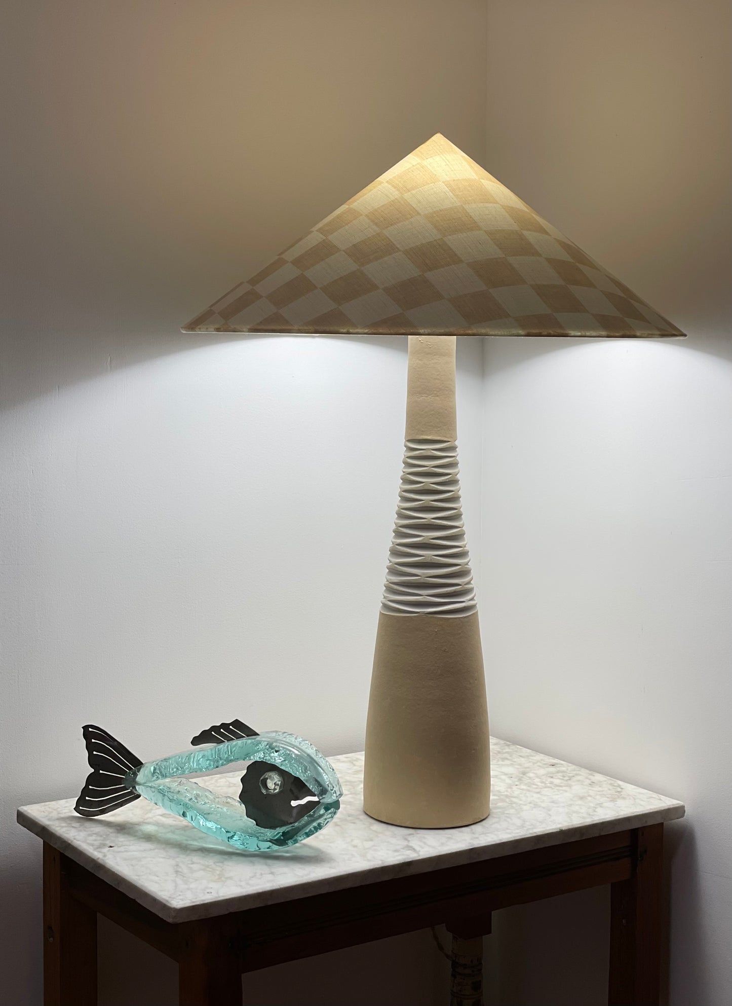 - Tall Ceramic Lamp with Oat Studio Capital Checks Fabric Shade
