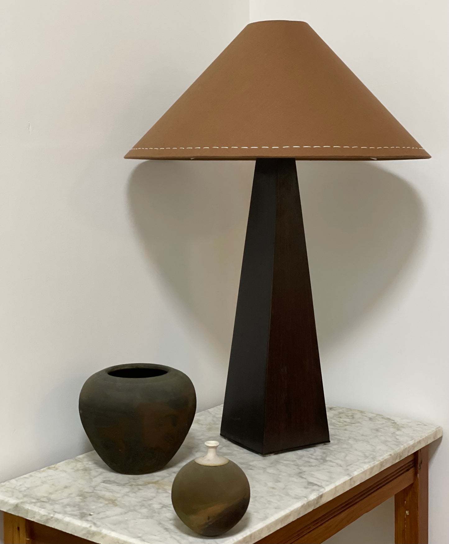 - Timber Table Lamp with Warm Brown Linen Shade