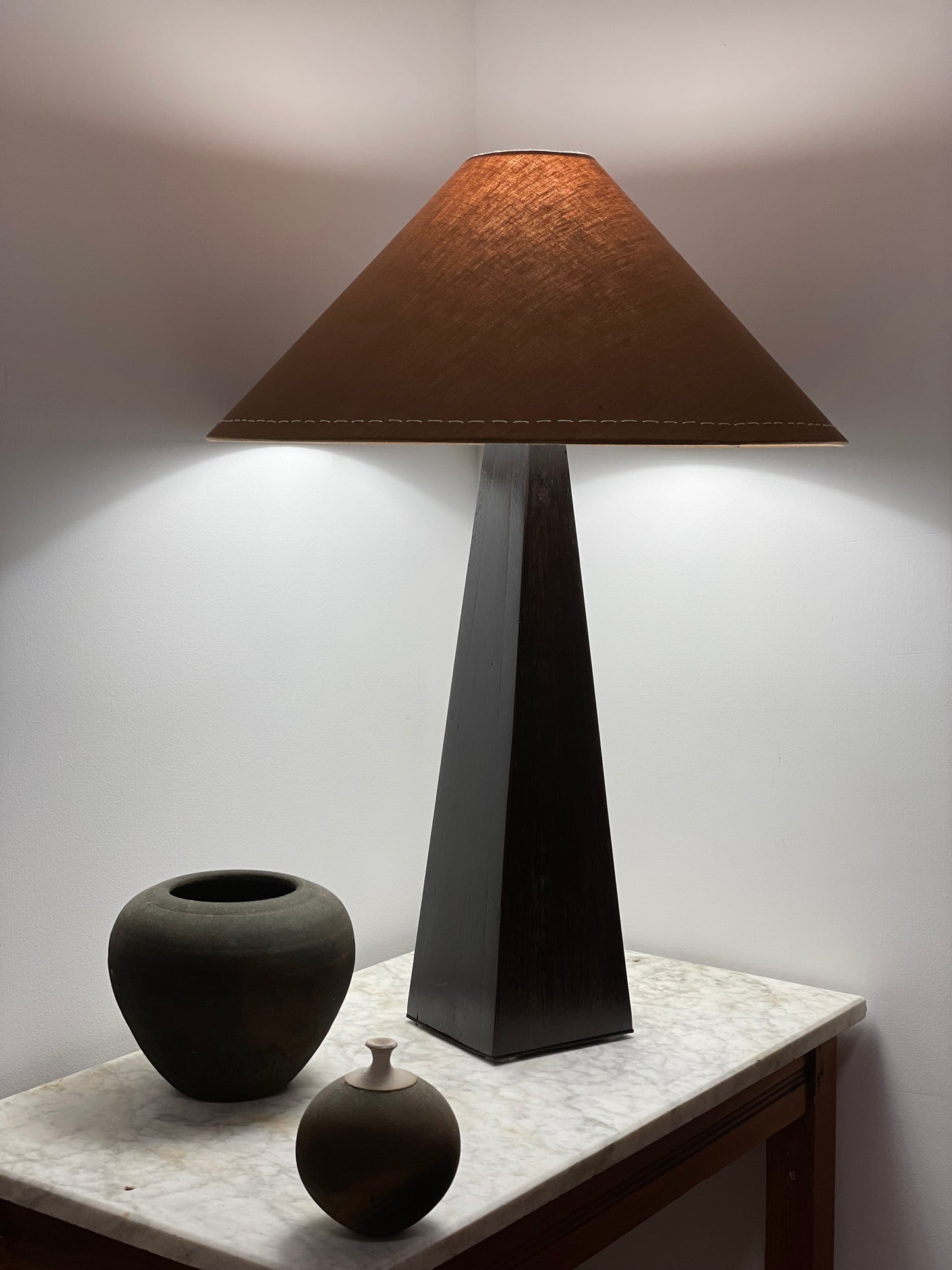 - Timber Table Lamp with Warm Brown Linen Shade