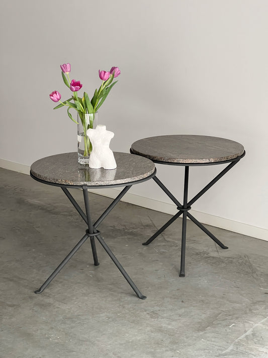 Vintage Italian Wrought Iron & Granite Tripod Side Table - Two Available