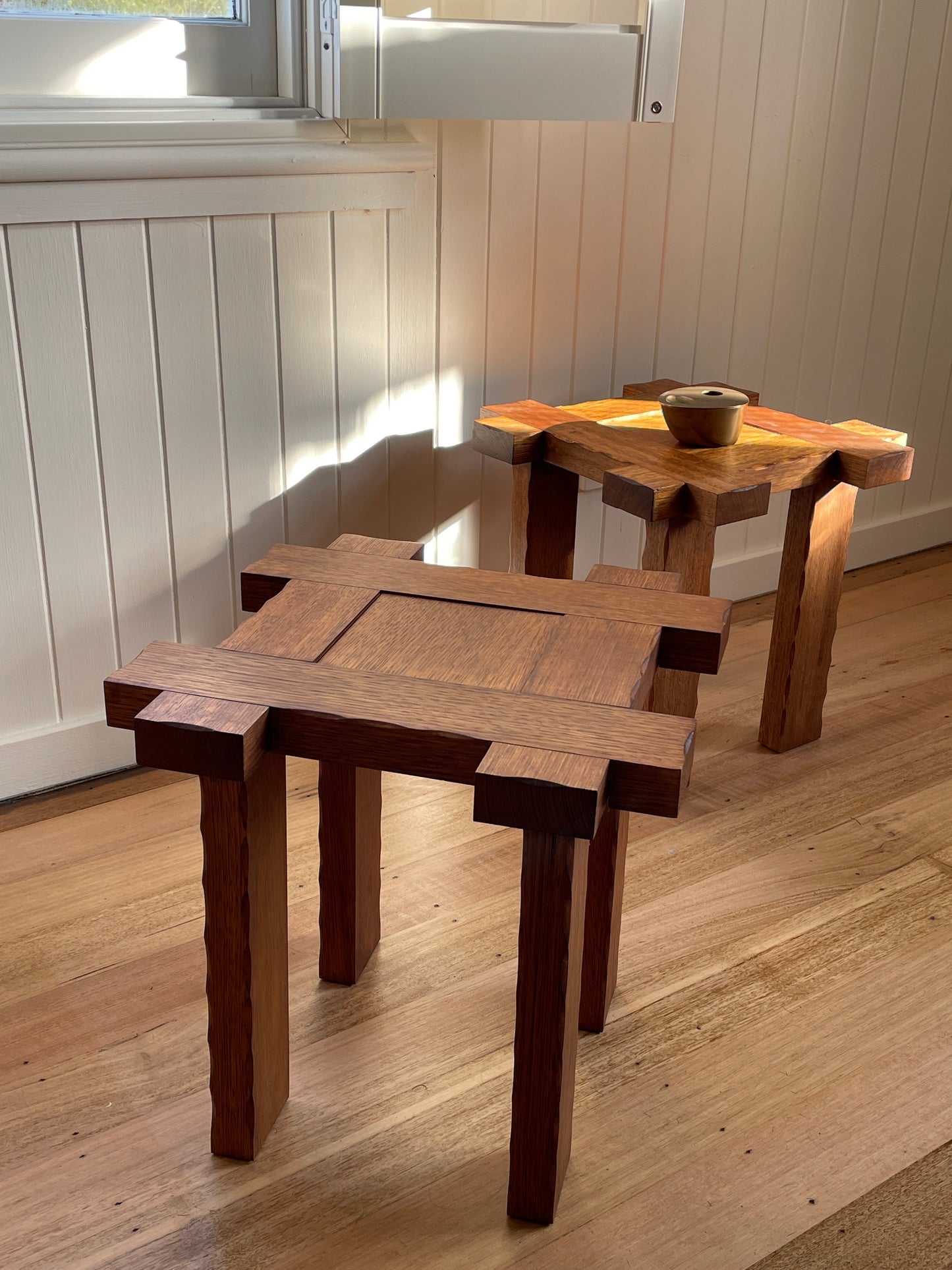Set of Two Brutalist Oak Side Tables