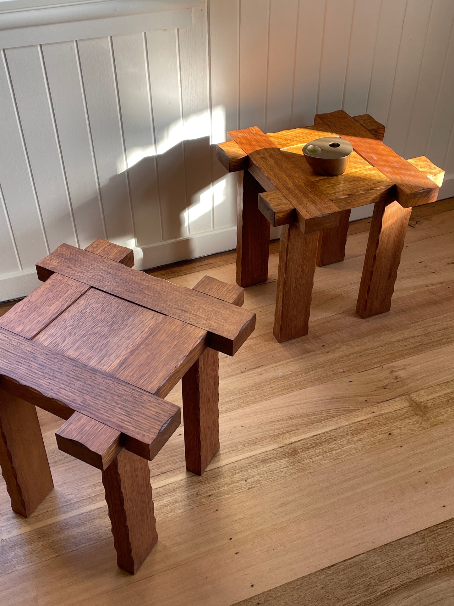 Set of Two Brutalist Oak Side Tables