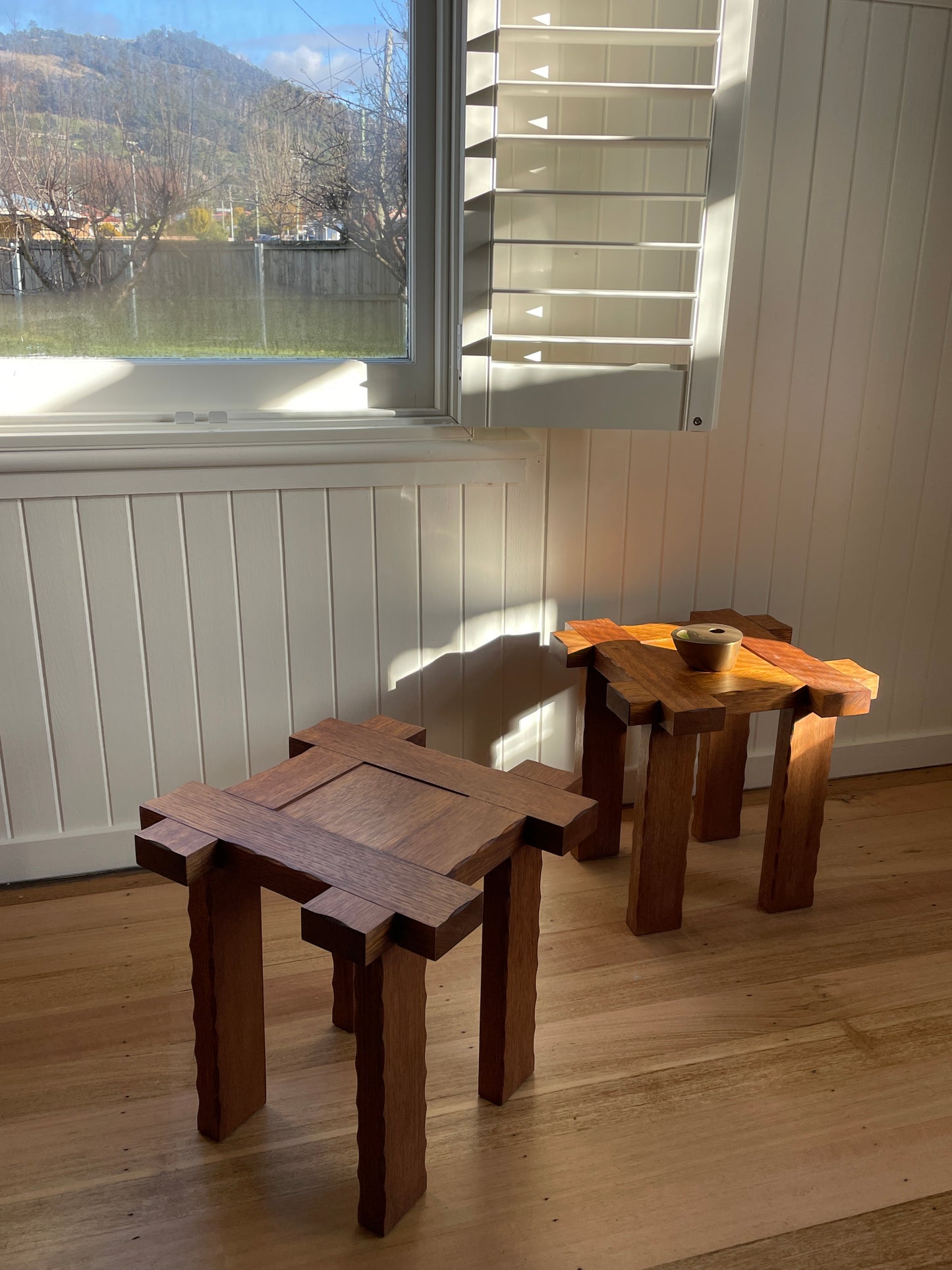Set of Two Brutalist Oak Side Tables